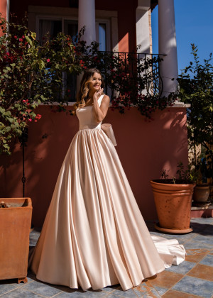 Dusty Pink Satin Wedding Dress With Big Bow